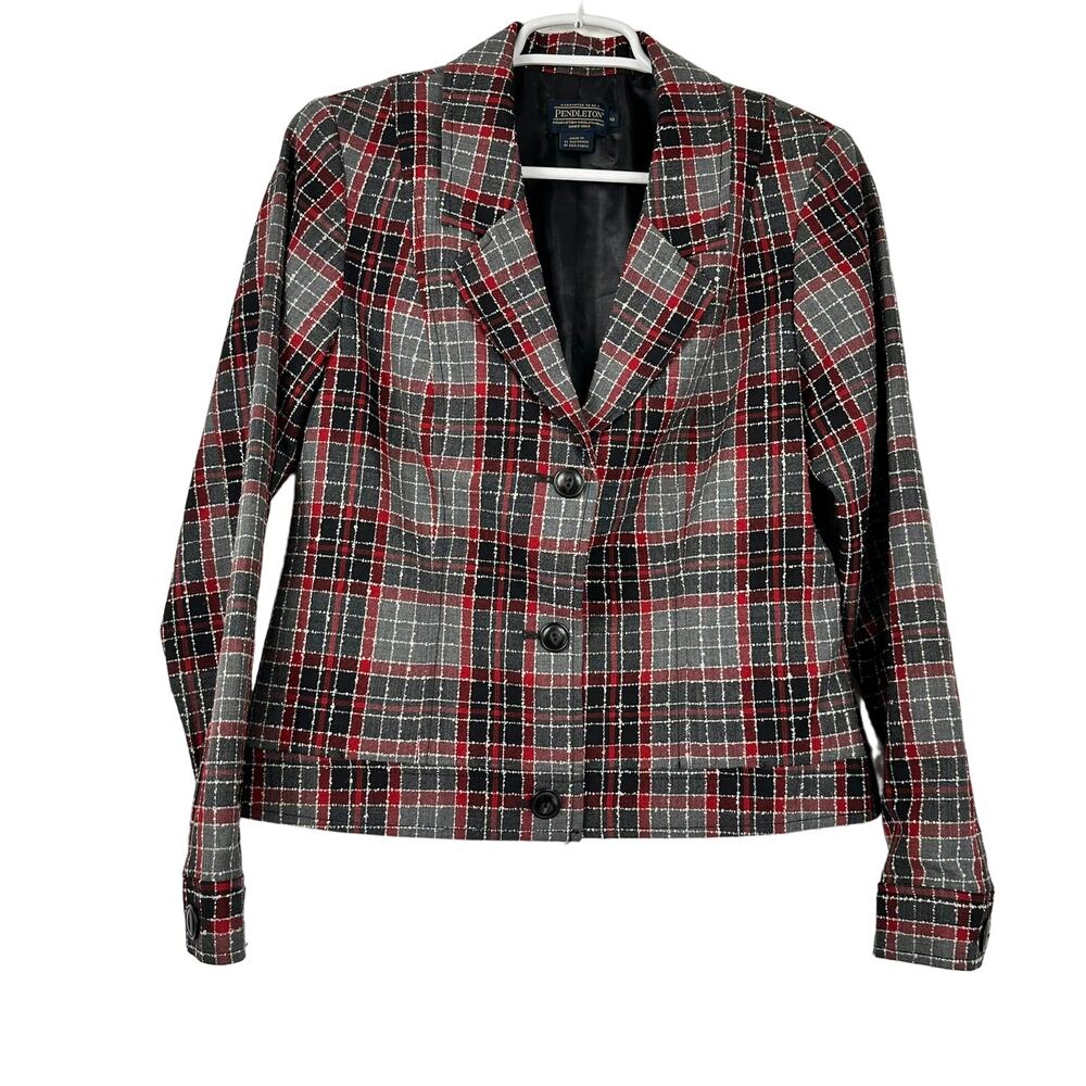 Pendleton Wool Plaid Blazer Red Black Gray Size 10 cabincore